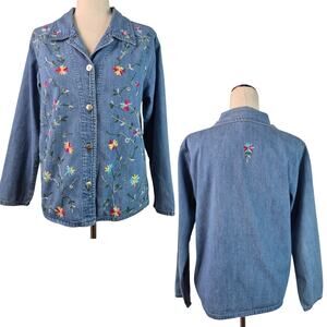Tudor Court Blue Denim Floral Embroidered Vintage Top Shirt Shacket Large